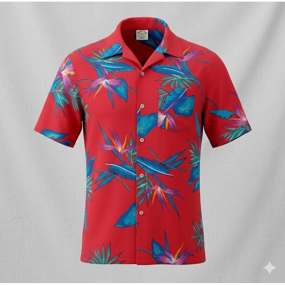 Tahitian Sunset Club Vintage Men's Red Floral Print Hawaiian Shirt. Size L